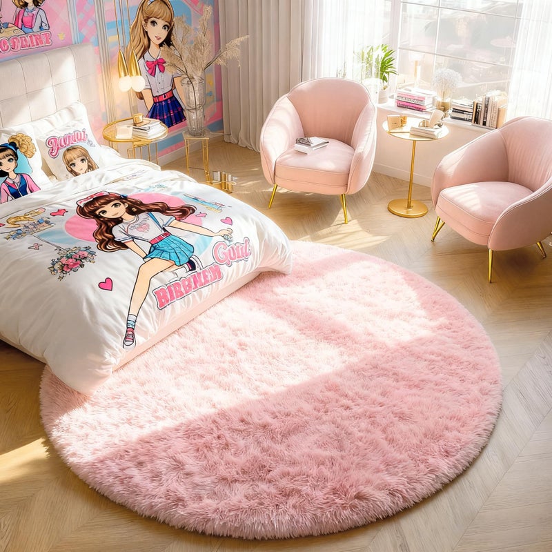 PAGISOFE Pink Round Rugs 5Ft, Circle Rugs for Girls Bedroom, Fluffy Carpets for Girls Room, Shaggy Rug, Indoor Small Teepee Furry Mat, Comfy Reading Playmat, Circular Rugs for Kids Baby Nursery Room - Image 5